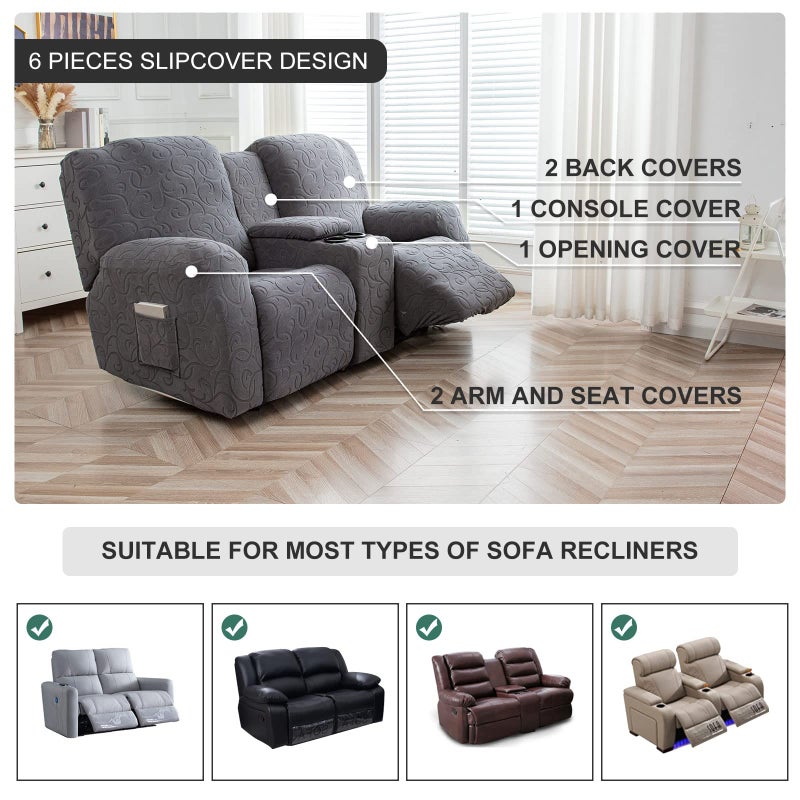 YUEANG Recliner Loveseat Cover with Center Console, 2 Seater Jacquard Recliner Sofa Slipcover with Pockets Washable Stretch Reclining Couch Covers Furniture Protector with Elastic Straps (Dark Gray) - Image 3