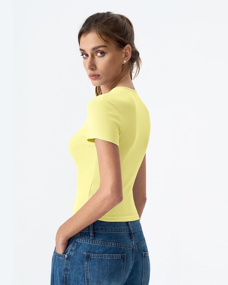 QINSEN Women's Crewneck Short Sleeve T Shirts Ribbed Button Going Out Trendy Tops Light Yellow M - Image 2