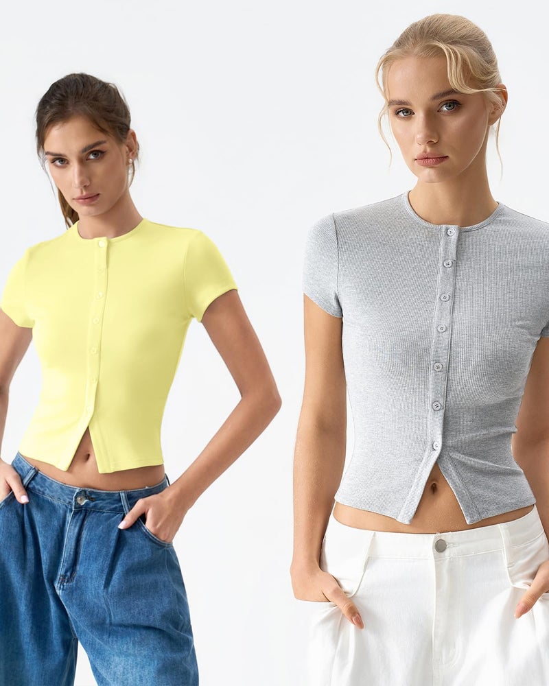 QINSEN Women's Crewneck Short Sleeve T Shirts Ribbed Button Going Out Trendy Tops Light Yellow M - Image 3