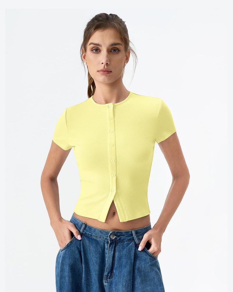 QINSEN Women's Crewneck Short Sleeve T Shirts Ribbed Button Going Out Trendy Tops Light Yellow M - Image 4