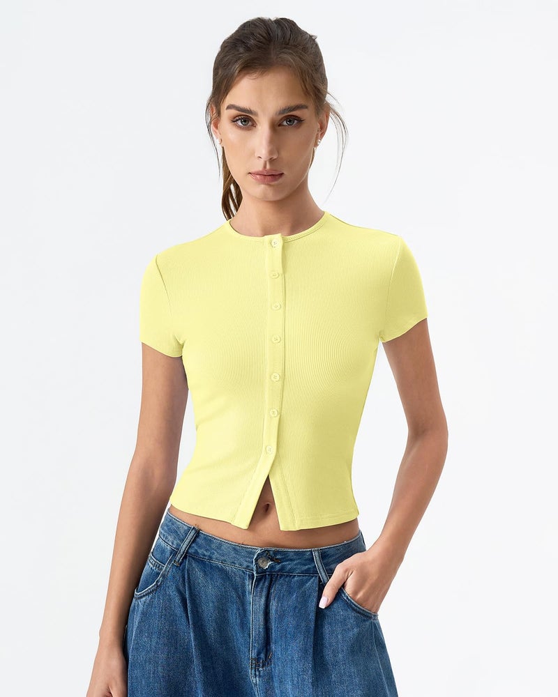 QINSEN Women's Crewneck Short Sleeve T Shirts Ribbed Button Going Out Trendy Tops Light Yellow M - Image 5