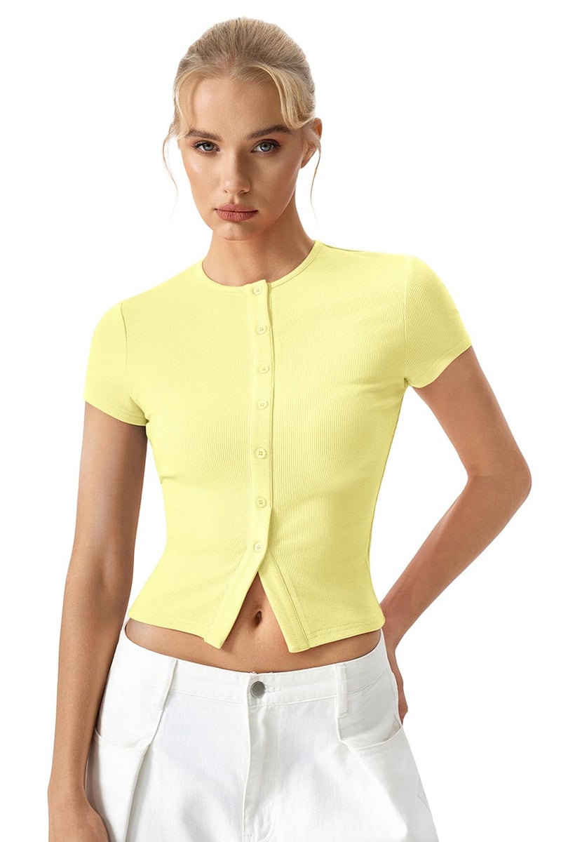 QINSEN Women's Crewneck Short Sleeve T Shirts Ribbed Button Going Out Trendy Tops Light Yellow M - Image 1
