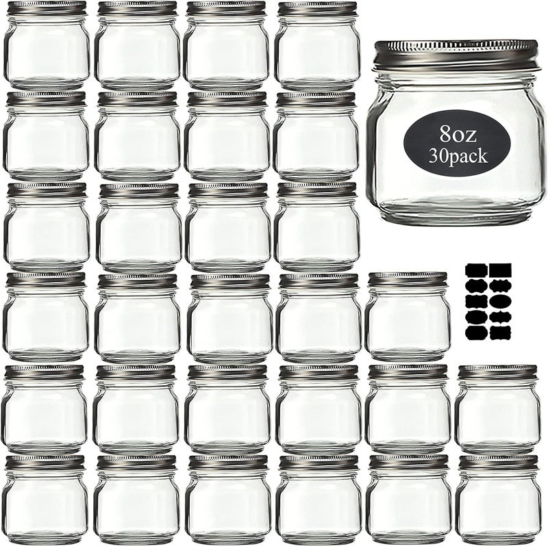 Rainforce Mason Jars 8 oz 30 Pack- Small Mason Jars With Silver Lids -1/4 Quart Canning Jars| Storage Glass Jars With Lids For Jelly, Jam, Honey, Pickles - Spice Glass Jars - With 30 Chalkboard Labels - Image 1