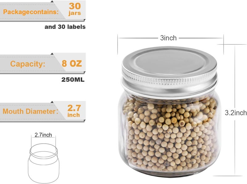Rainforce Mason Jars 8 oz 30 Pack- Small Mason Jars With Silver Lids -1/4 Quart Canning Jars| Storage Glass Jars With Lids For Jelly, Jam, Honey, Pickles - Spice Glass Jars - With 30 Chalkboard Labels - Image 4