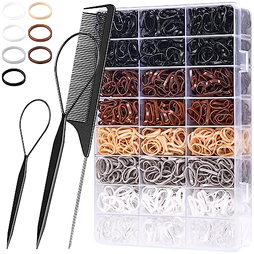 TsMADDTs Small Hair Ties Set 2000PCS Rubber Bands with Organizer Box 7 Natural Colors Clear Black Brown Rat Tail Comb