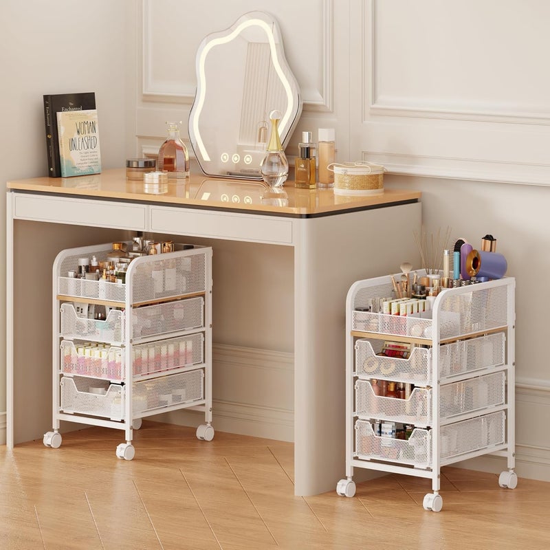 Jakyitvi Rolling Makeup Cart Organizer with 3 Drawers, 4-Tier Narrow Floor Skincare Organizers with dividers, Vanity Organizer Cosmetics Display Cases for Makeup Brush, Hair Tool, White - Image 1