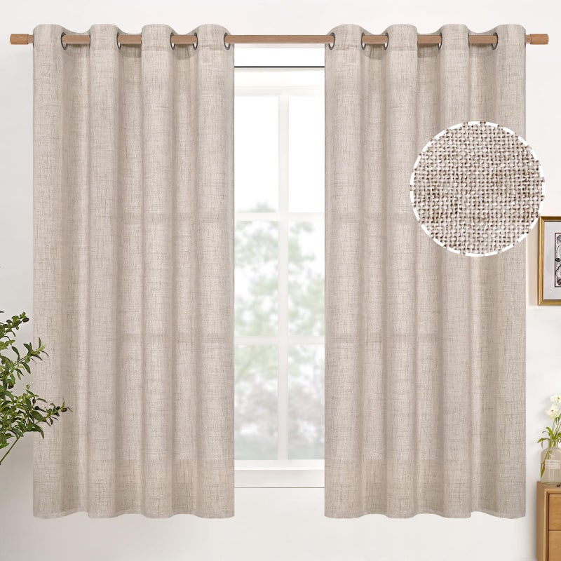 YoungsTex Natural Linen Curtains 45 Inch Length for Short Window Linen Textured Curtains with Bronze Grommet Light Filtering Drapes for Kitchen Small Window, 2 Panels, 52 X 45 Inch - Image 1