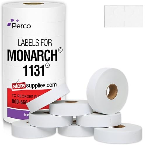 Perco White Pricing Labels for Monarch 1131 Price Gun - 1 Sleeve, 8 Rolls, 20,000 Price Marking Labels - with Ink Roll Included - Image 1