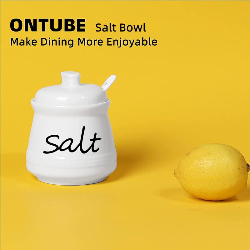 ONTUBE Ceramic Salt Bowl with Lid and Spoon 12oz (White) - Image 4