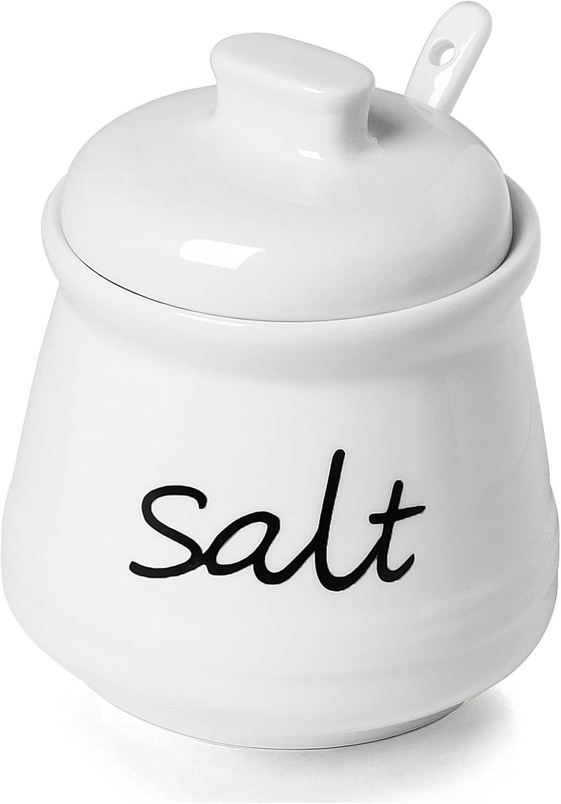 ONTUBE Ceramic Salt Bowl with Lid and Spoon 12oz (White) - Image 1