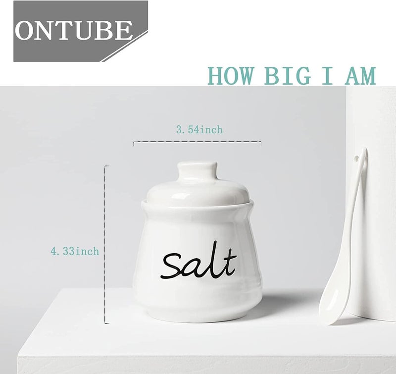 ONTUBE Ceramic Salt Bowl with Lid and Spoon 12oz (White) - Image 3