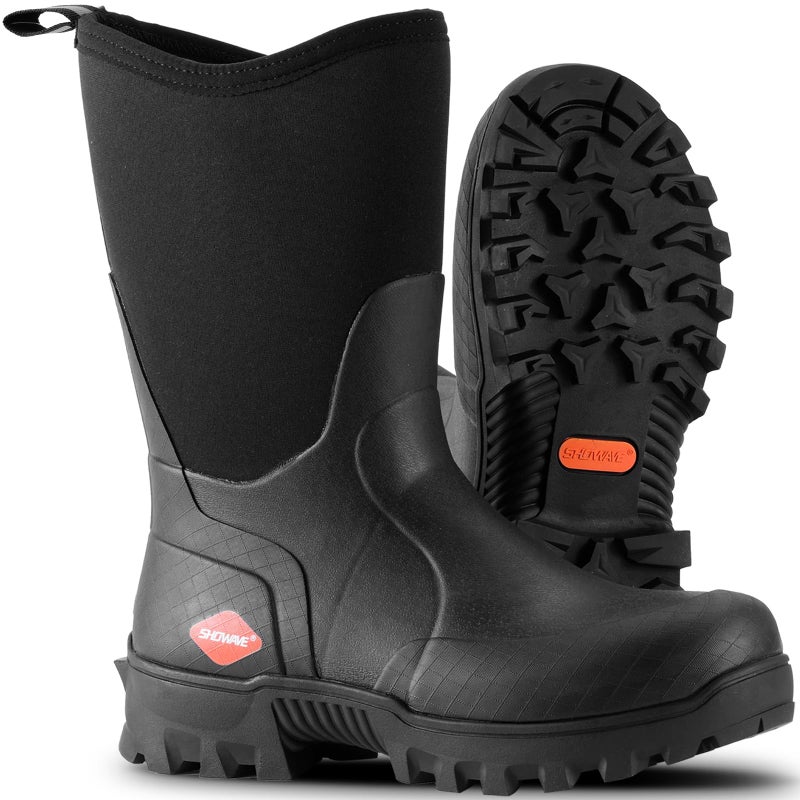 Showave Men's Mid Calf Rubber Work Boots Waterproof Rain Boot Insulated Mud Boots with Comfortable Sports Soles(Black,Size 13) - Image 1