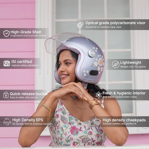 TVARRA Daisy Women's Open Face Helmet for Scooty & Bike | Lightweight 750g | Stylish Floral Design with Clear Visor | Designed for Ladies & Girls | ISI & DOT Certified (Lilac, M) - Image 2