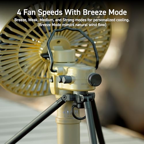 ELECOM NESTOUT Outdoor Camping Fan with Tripod, 4 Speed Settings & Breeze Mode, 3 Angle Oscillation, 90° Adjustable Tilt, Auto Timer (30/60/90 mins), USB C Compatible, Portable Tent Fan (Black) - Image 3