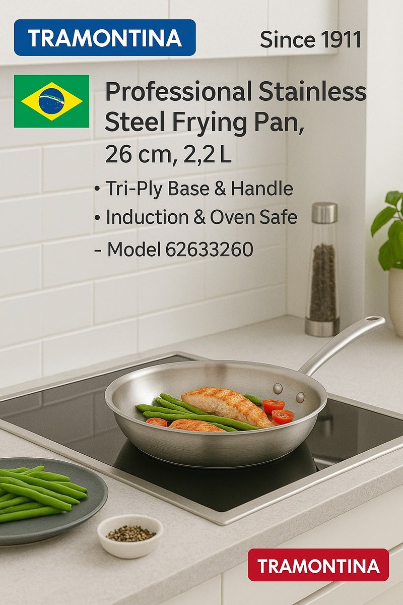 TRAMONTINA Tramontina Professional Stainless Steel Frying Pan, 26 cm, 2.2L – Tri-Ply Base & Handle, Induction & Gas Safe – Made in Brazil, Since 1911 – Model 62633260  - Image 1