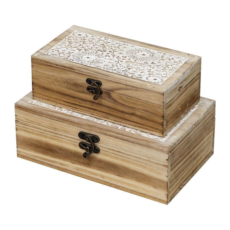 JUMBO HUMBLE Rustic Farmhouse Wood Decorative Boxes, Set of 2 Keepsake Box Wooden Box with Hinged Lid and Floral Carved Design, Decorative Boxes for Home Decor (Brown) - Image 1