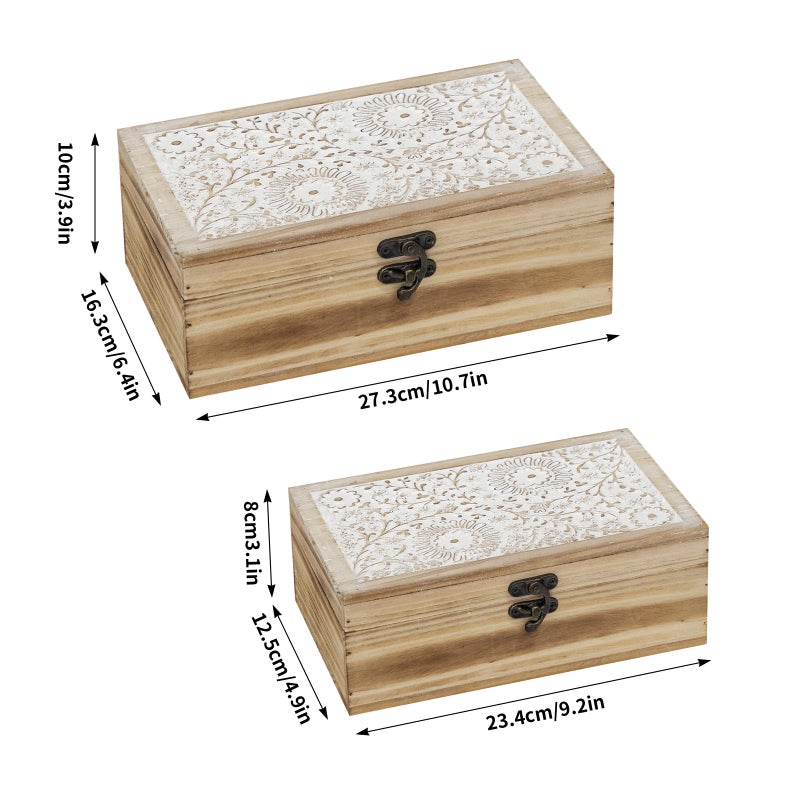 JUMBO HUMBLE Rustic Farmhouse Wood Decorative Boxes, Set of 2 Keepsake Box Wooden Box with Hinged Lid and Floral Carved Design, Decorative Boxes for Home Decor (Brown) - Image 2
