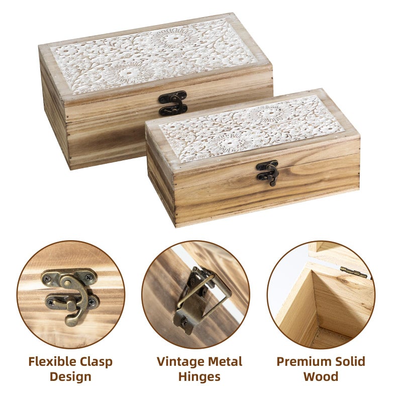 JUMBO HUMBLE Rustic Farmhouse Wood Decorative Boxes, Set of 2 Keepsake Box Wooden Box with Hinged Lid and Floral Carved Design, Decorative Boxes for Home Decor (Brown) - Image 3