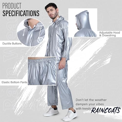 HACER Silverex Raincoat with Pants for Men Waterproof Full Length Hood & Pockets Rainwear for Gents and Boys Carry Bag Included- (Silver, Size- XXL, 1 Pc) - Image 2