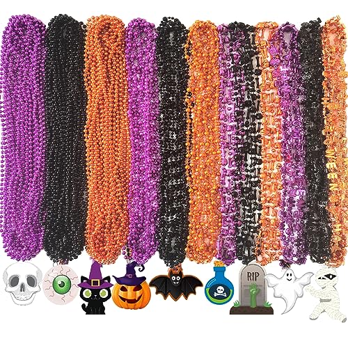 Becfupo 100Pcs Halloween Bead Necklaces Bulk In MultipleShapes Purple Orange Black Beads Necklaces With Pumpkin Ghost Pendants For Halloween Party Favors Halloween Party Decoration - Image 1