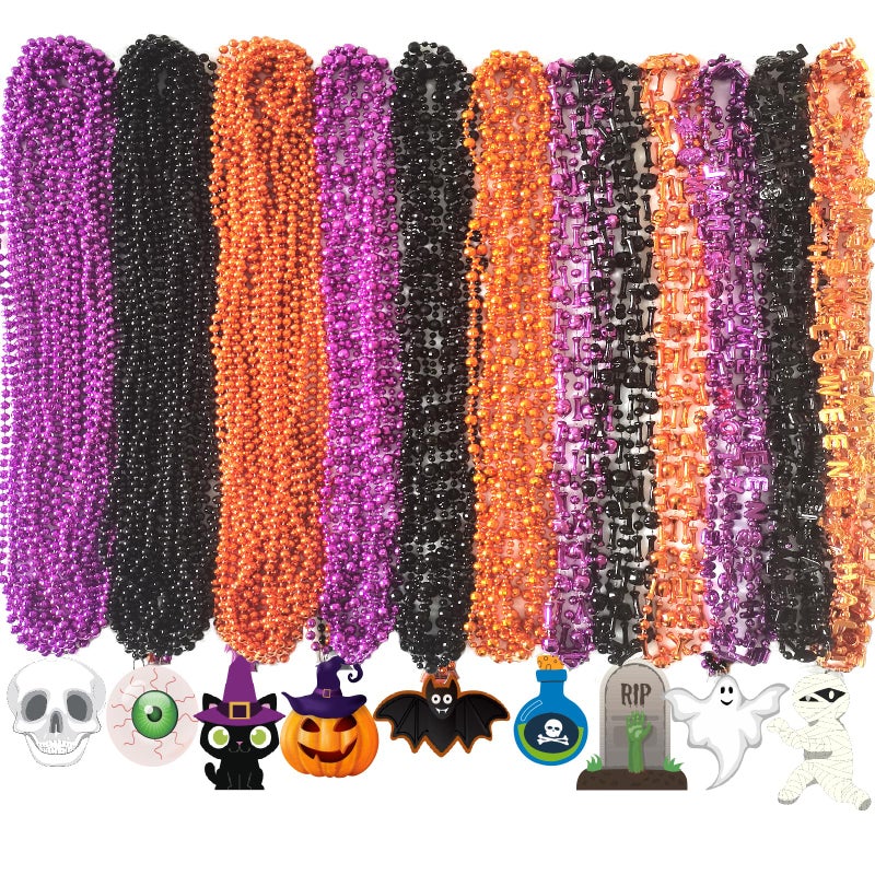 Becfupo 100Pcs Halloween Bead Necklaces Bulk In MultipleShapes Purple Orange Black Beads Necklaces With Pumpkin Ghost Pendants For Halloween Party Favors Halloween Party Decoration - Image 3