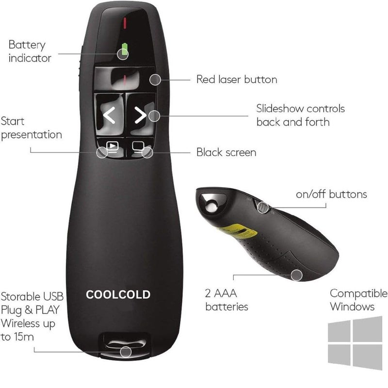 COOLCOLD Laser Pointer, Wireless Presentation Clicker, PPT Presenter Slide Changer Controller with USB Receiver, Battery Indicator for Mac, Computer, Laptop, Windows, Slideshow Google Slide (Black) - Image 2