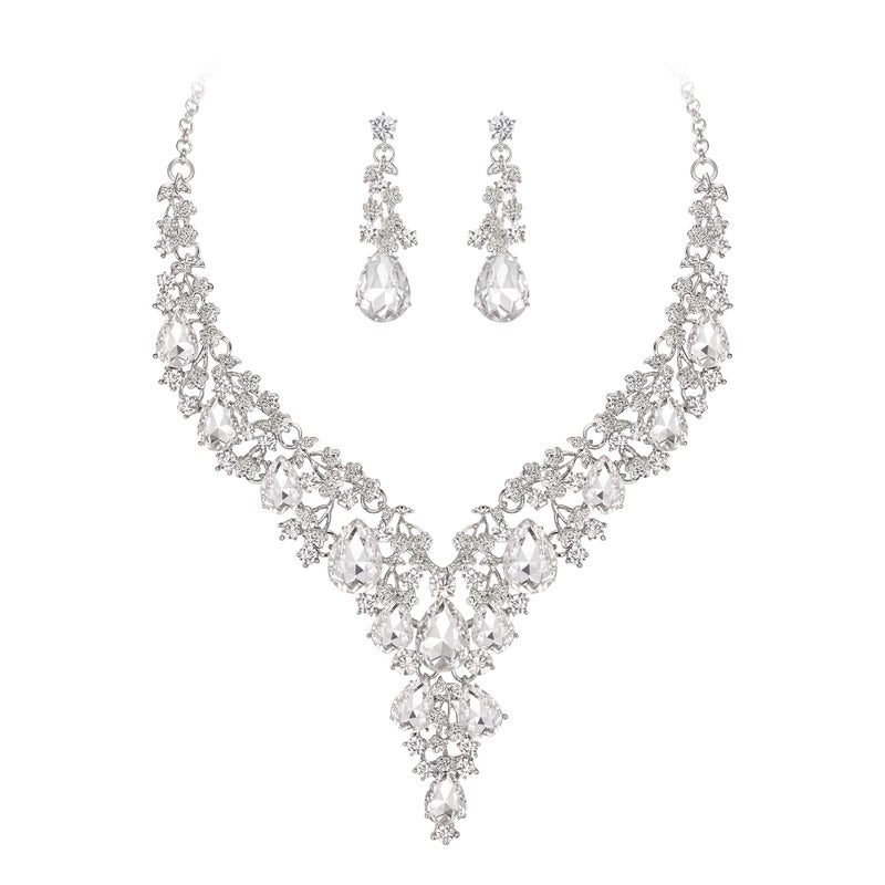 BriLove Women's Wedding Bridal Austrian Crystal Teardrop Flower Cluster Statement Necklace Dangle Earrings Jewelry Set Clear Silver-Tone - Image 1