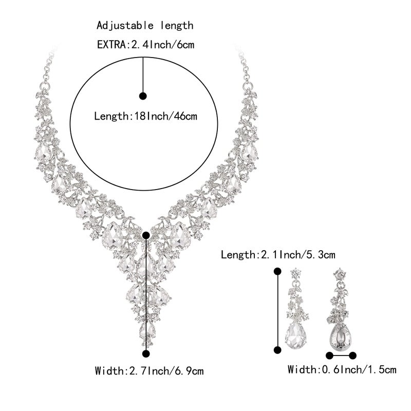 BriLove Women's Wedding Bridal Austrian Crystal Teardrop Flower Cluster Statement Necklace Dangle Earrings Jewelry Set Clear Silver-Tone - Image 4