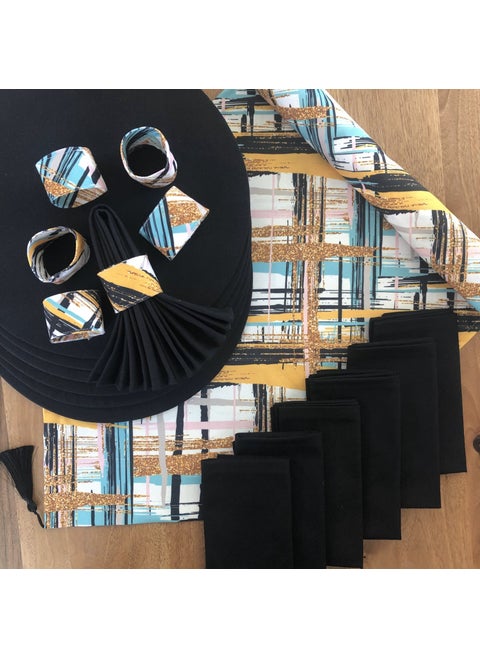PatternIzmir Placemat Geometric Pattern Set 6 Table Plates, 6 Cloth Napkins, 6 Napkin Rings and Runner Cover