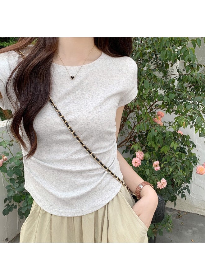 Yuzhaolin Women's Summer Thin Slim Waist Round Neck Basic Casual Short Sleeve Grey T-shirt - Image 3