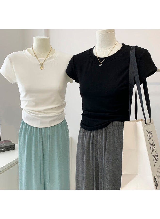 Yuzhaolin Women's Summer Thin Slim Waist Round Neck Basic Casual Short Sleeve Grey T-shirt - Image 4