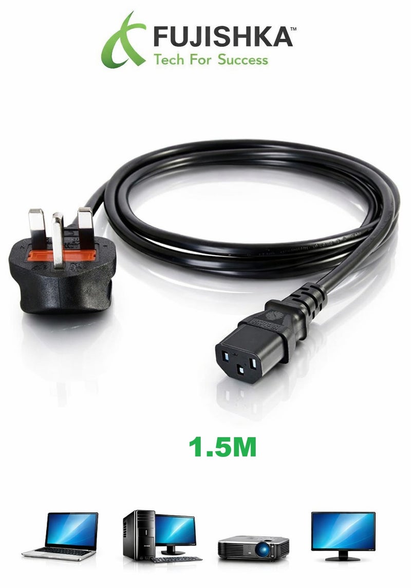 فوجيشكا كابل طاقة 1.5 متر/ 5 قدم عالي التحمل – سلك كهرباء ثلاثي بنواة نحاس وفيوز حماية مدمج – لأجهزة الكمبيوتر، الشاشات، التلفزيونات، الطابعات، آلات النسخ وقطاعات الورق – أسود - Image 1