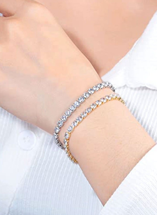 GUSGU 2pcs Tennis Bracelets for Women White Gold Plated AAA+ Cubic Zirconia CZ Dainty Classic Bracelet Heart Tennis Link Chain Bracelet Charm Jewelry Gifts for Women Silver Gold - Image 4