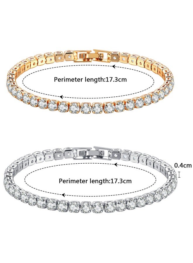 GUSGU 2pcs Tennis Bracelets for Women White Gold Plated AAA+ Cubic Zirconia CZ Dainty Classic Bracelet Heart Tennis Link Chain Bracelet Charm Jewelry Gifts for Women Silver Gold - Image 2