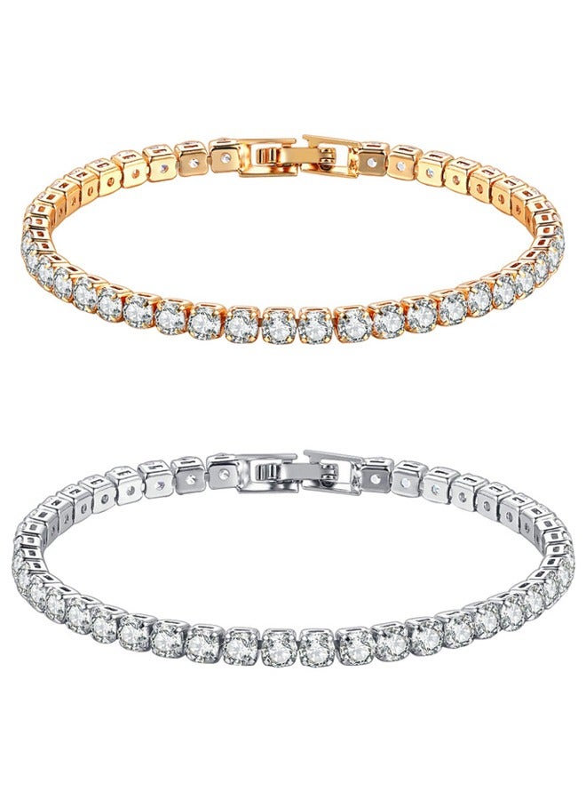 GUSGU 2pcs Tennis Bracelets for Women White Gold Plated AAA+ Cubic Zirconia CZ Dainty Classic Bracelet Heart Tennis Link Chain Bracelet Charm Jewelry Gifts for Women Silver Gold - Image 1