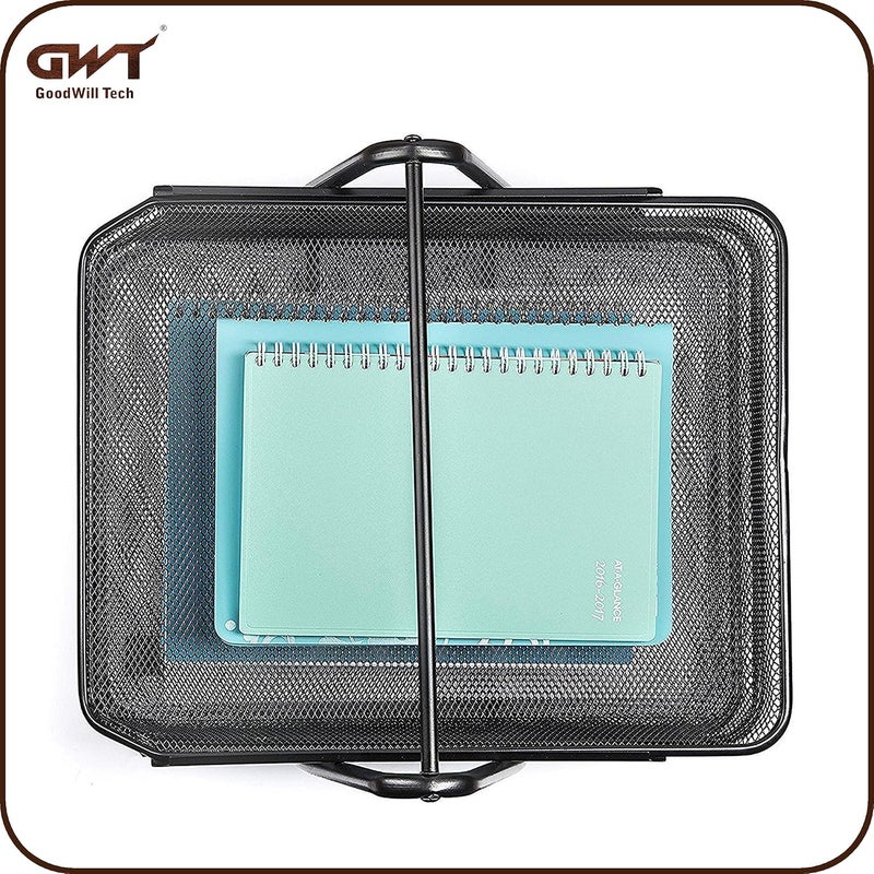 GoodWill Tech ™ Desk File Tray,Pack of (2) 3 Tier Metal Mesh A4 Files/Documents/Papers/Folders Holder Paper Tray For Office Front-Loading Pull Out Trays Desk Organizer –(Black) - Image 5