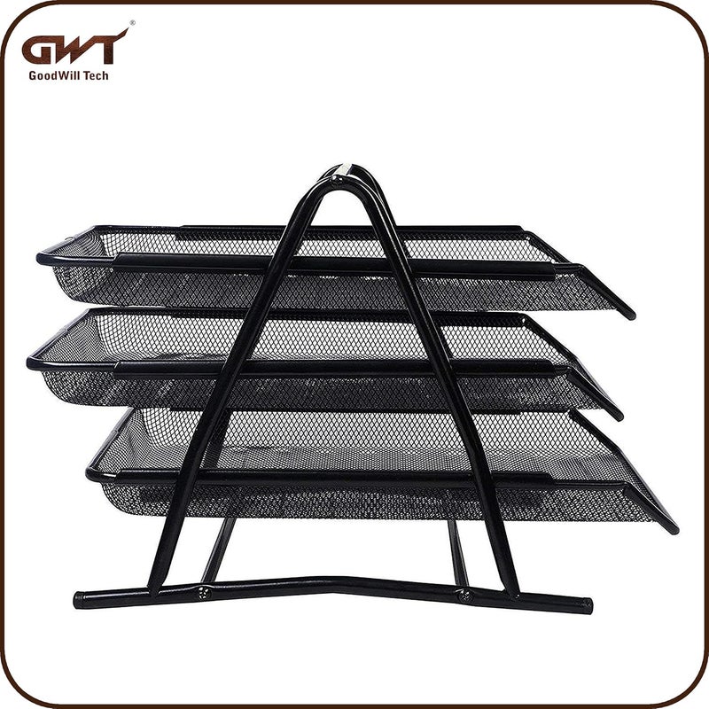 GoodWill Tech ™ Desk File Tray,Pack of (2) 3 Tier Metal Mesh A4 Files/Documents/Papers/Folders Holder Paper Tray For Office Front-Loading Pull Out Trays Desk Organizer –(Black) - Image 2