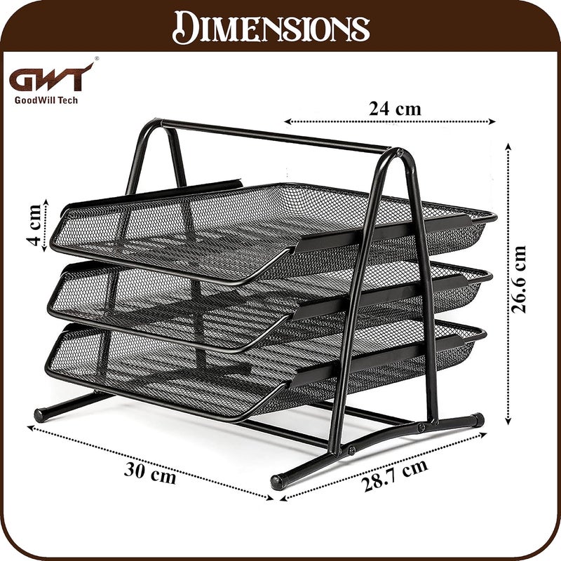 GoodWill Tech ™ Desk File Tray,Pack of (2) 3 Tier Metal Mesh A4 Files/Documents/Papers/Folders Holder Paper Tray For Office Front-Loading Pull Out Trays Desk Organizer –(Black) - Image 1