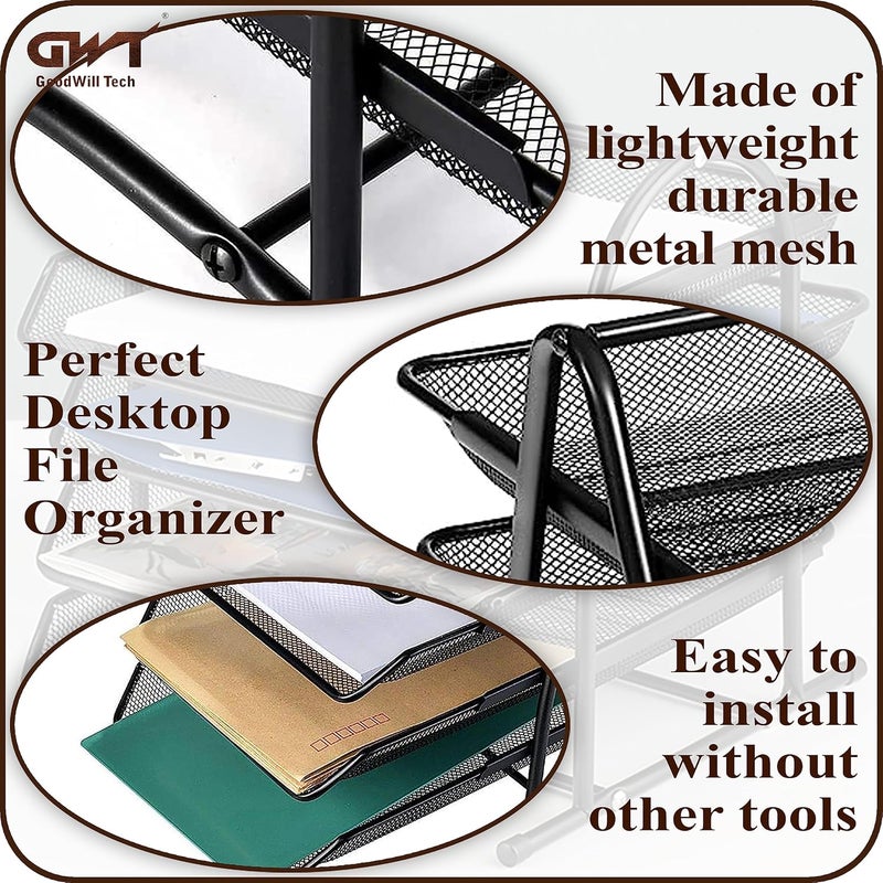 GoodWill Tech ™ Desk File Tray,Pack of (2) 3 Tier Metal Mesh A4 Files/Documents/Papers/Folders Holder Paper Tray For Office Front-Loading Pull Out Trays Desk Organizer –(Black) - Image 4