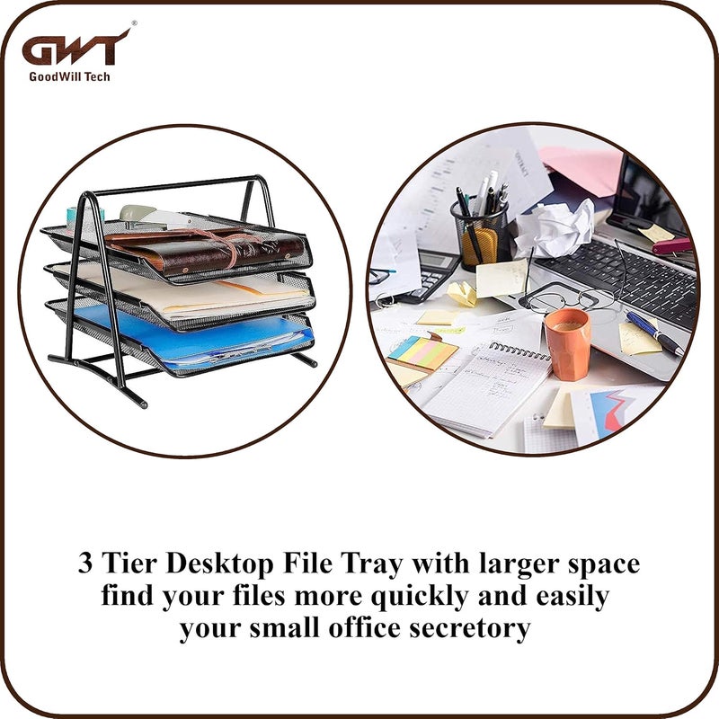 GoodWill Tech ™ Desk File Tray,Pack of (2) 3 Tier Metal Mesh A4 Files/Documents/Papers/Folders Holder Paper Tray For Office Front-Loading Pull Out Trays Desk Organizer –(Black) - Image 3
