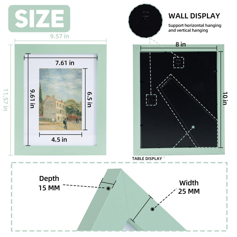 Muzilife 8x10 Wood Picture Frame Flat Display Pictures 5x7 with Mat or 8x10 Without Mat for Wall or Tabletop 1pcs  Morandi Green - Image 2