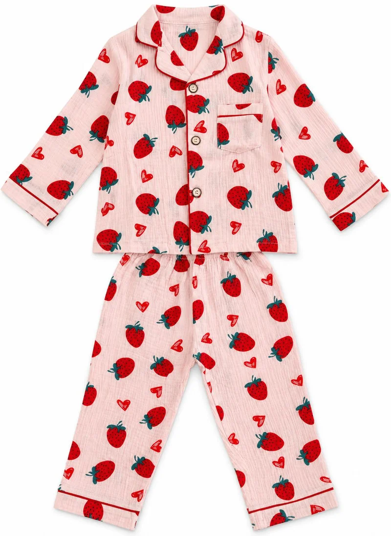 بيبي كلو Girls Pink Strawberry Print Muslin Cotton Nightwear Set