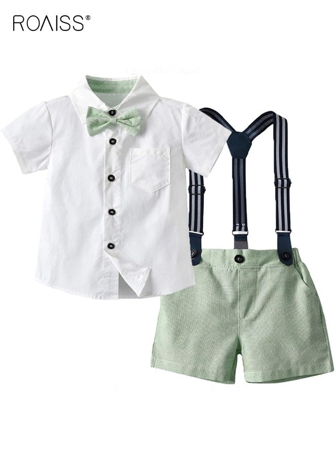 roaiss 3 Piece Comortable Clothing Set for Toddler Boys, Little Gentleman Short Sleeve Button Shirt and Suspender Pants Set with Bow Tie, Formal Outfit for Summer, Suitable for Wedding Ceremonies, Performances and Formal Activities - Image 2