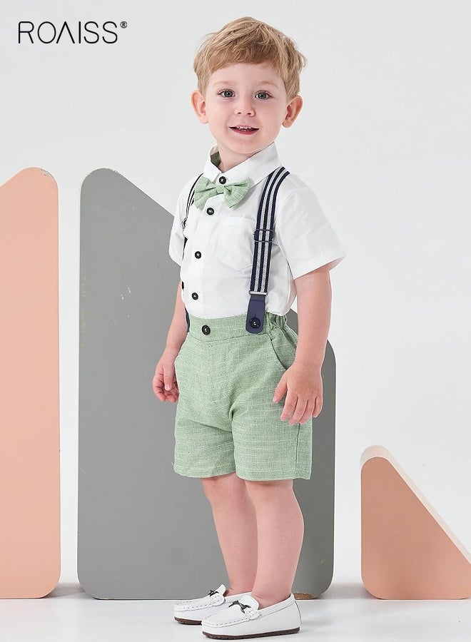 roaiss 3 Piece Comortable Clothing Set for Toddler Boys, Little Gentleman Short Sleeve Button Shirt and Suspender Pants Set with Bow Tie, Formal Outfit for Summer, Suitable for Wedding Ceremonies, Performances and Formal Activities - Image 3