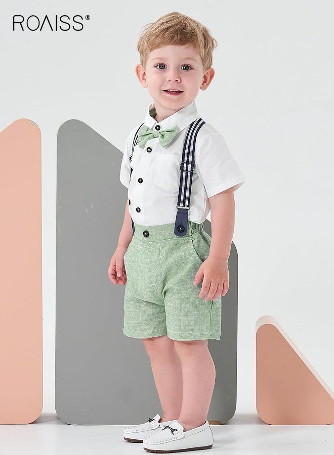 roaiss 3 Piece Comortable Clothing Set for Toddler Boys, Little Gentleman Short Sleeve Button Shirt and Suspender Pants Set with Bow Tie, Formal Outfit for Summer, Suitable for Wedding Ceremonies, Performances and Formal Activities - Image 1