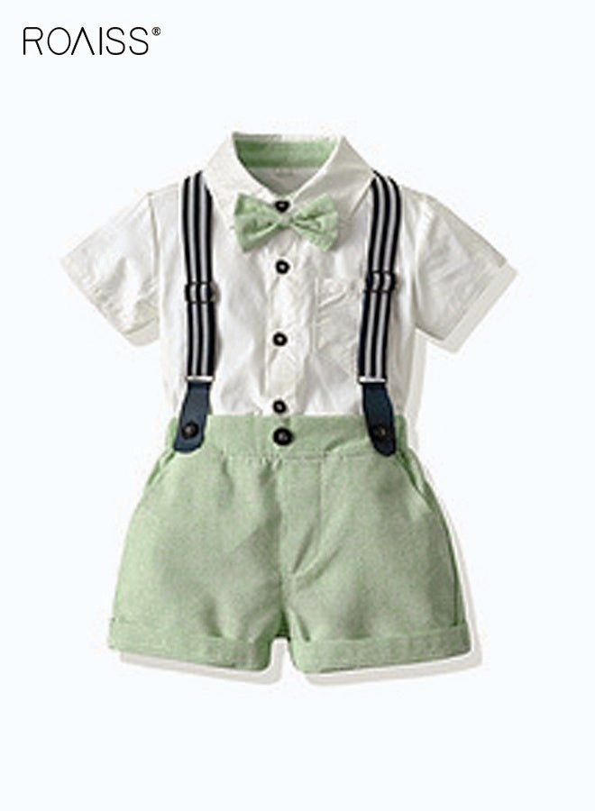 roaiss 3 Piece Comortable Clothing Set for Toddler Boys, Little Gentleman Short Sleeve Button Shirt and Suspender Pants Set with Bow Tie, Formal Outfit for Summer, Suitable for Wedding Ceremonies, Performances and Formal Activities - Image 2