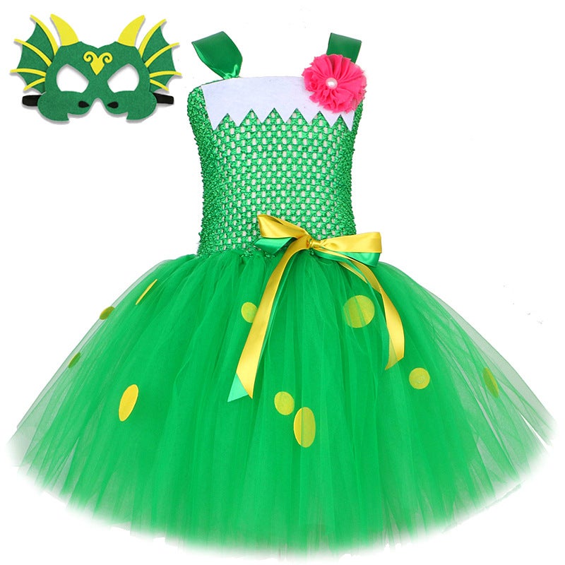 Green Dinosaur Mesh Tutu Princess Dress All Saints Carnival Puffy Dress Children'S Festival Cosplay - Image 1