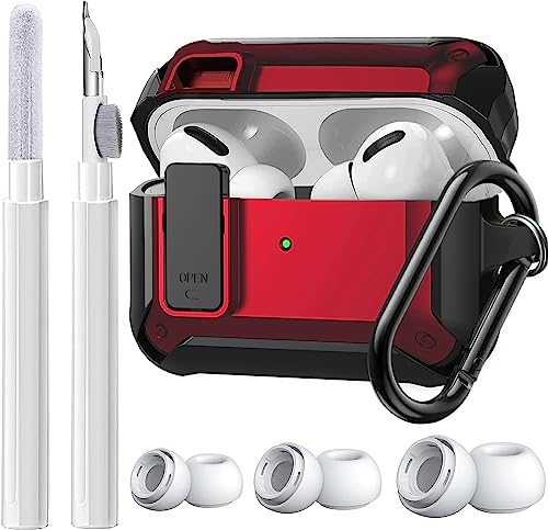 Olytop AirPods Pro 2/1 Case Lock with Cleaner Kit & Replacement Ear Tips (S/M/L), Rugged Protective Cover for iPod Pro (2023/2022/2019) with Keychain, Black/Red - Image 1