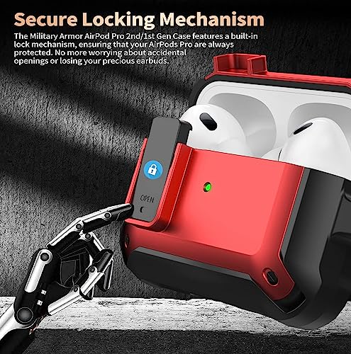 Olytop AirPods Pro 2/1 Case Lock with Cleaner Kit & Replacement Ear Tips (S/M/L), Rugged Protective Cover for iPod Pro (2023/2022/2019) with Keychain, Black/Red - Image 2