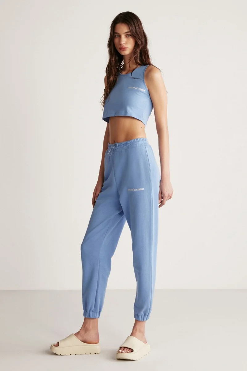 GRIMELANGE Carroline Women's Casual Cut Embroidered Elastic Waist and Leg Blue Sweatpants